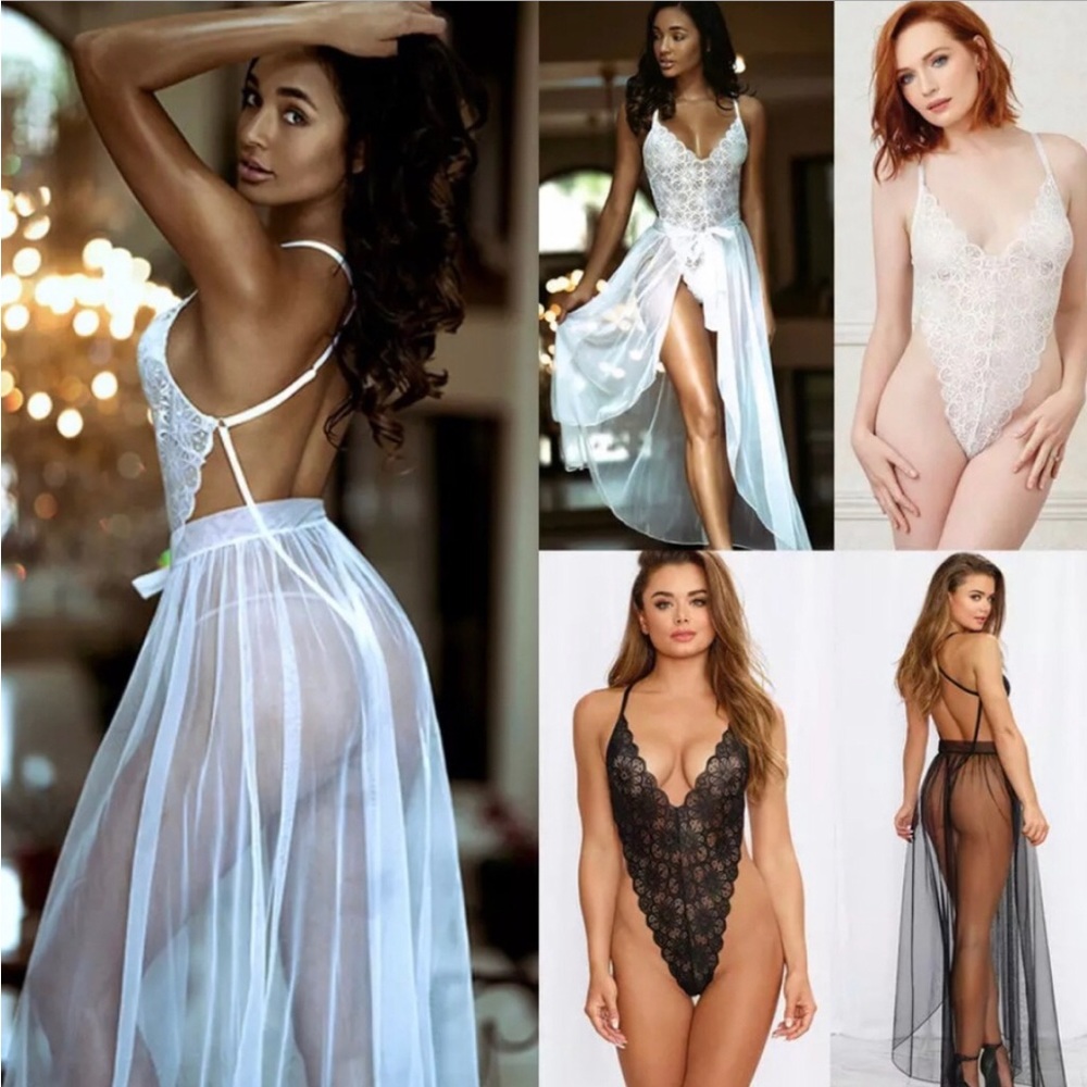 Lace Bodysuit & Mesh Maxi Skirt Cover Up